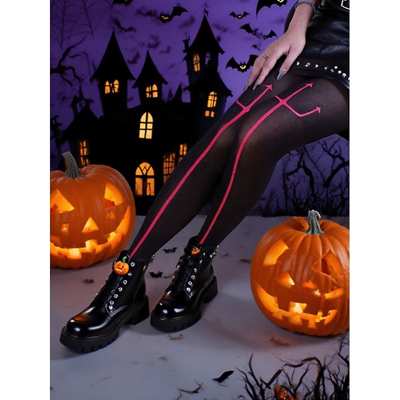 Women's Black Devil Trident Halloween Socks, Gothic Style Stockings with Red Pitchfork Print for Costume Parties and Spooky Celebrations3
