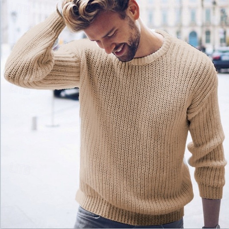 Men's Sweater Pullover Sweater Jumper Ribbed Knit Regular Tops Knitted Slim Fit Plain Crew Neck Knitwear Contemporary Casual Daily Wear Clothing Apparel Fall Winter White Red S M L2