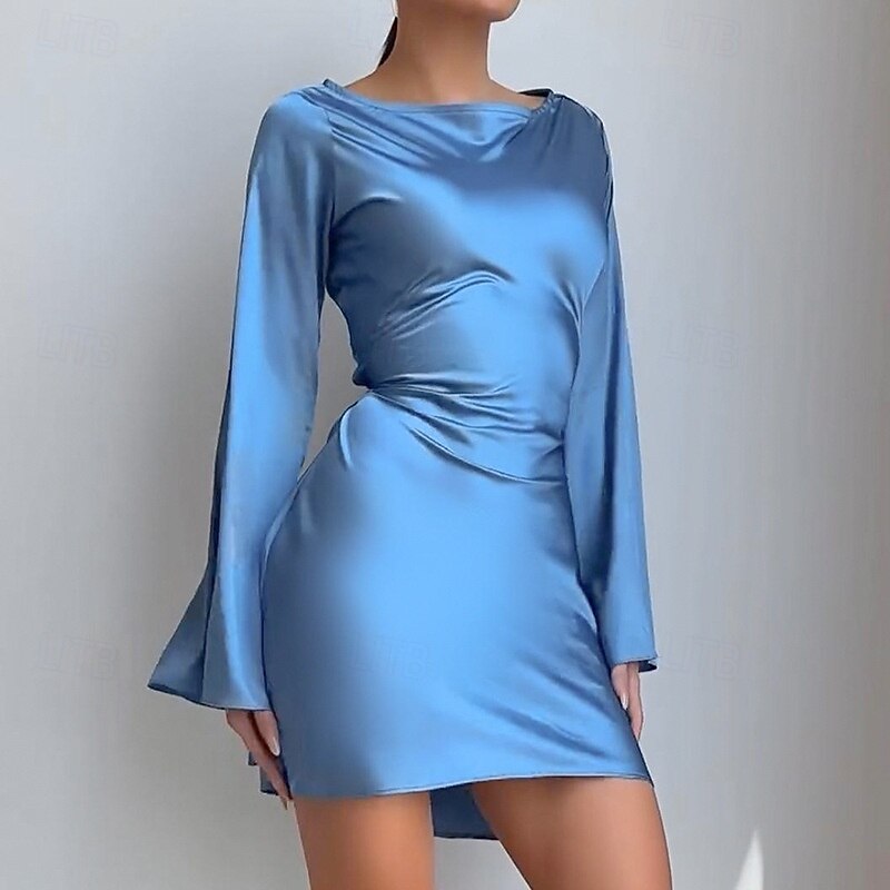 Women's Mini Dress Party Dress Cocktail Dress Satin Dress Elegant Modern Party Evening Party Cocktail Party Regular Fit Plain Long Sleeve Crew Neck Black Blue Fall Winter2