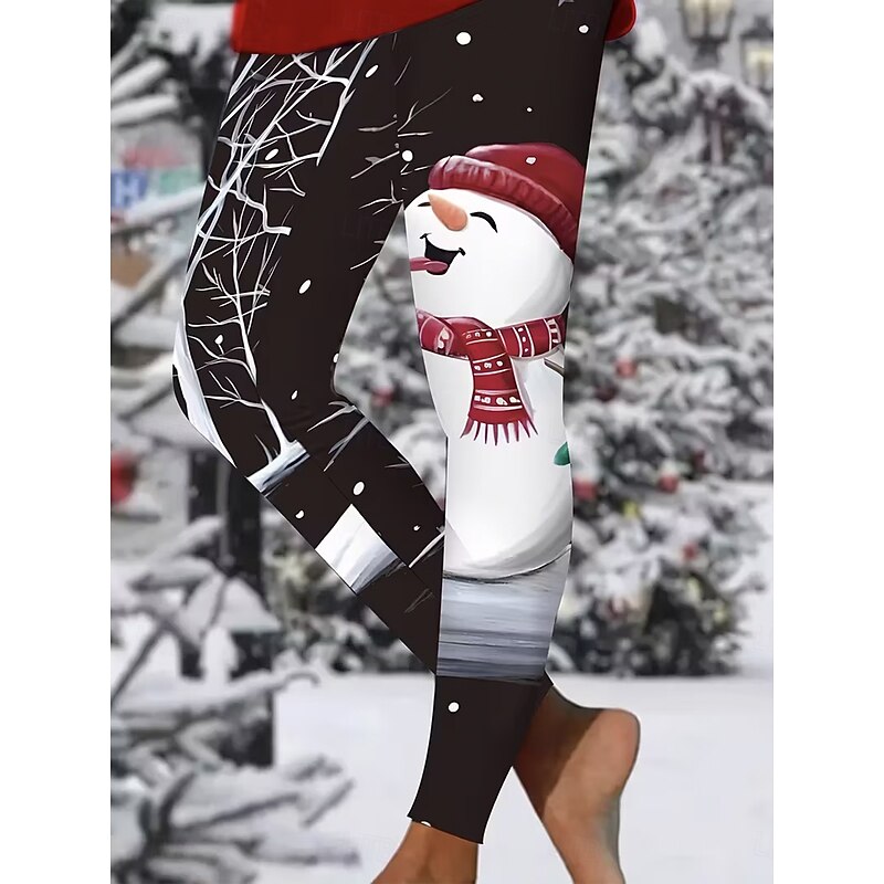 Women's Leggings Vacation Vintage Fashion Full Length High WaistPantsUgly Christmas Graphic Snowman Printing Thermal Warm Soft Breathable Stretchy Formal Outdoor Vacation Black White Summer Spring