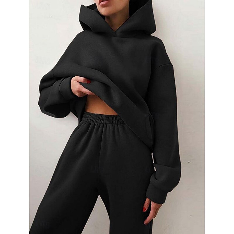 Women's Fashion Streetwear Hoodie Pants Sets Bolero Top Long Sleeve Hooded Solid Color Outdoor Casual Daily Black Blue Brown Spring Regular Fit3