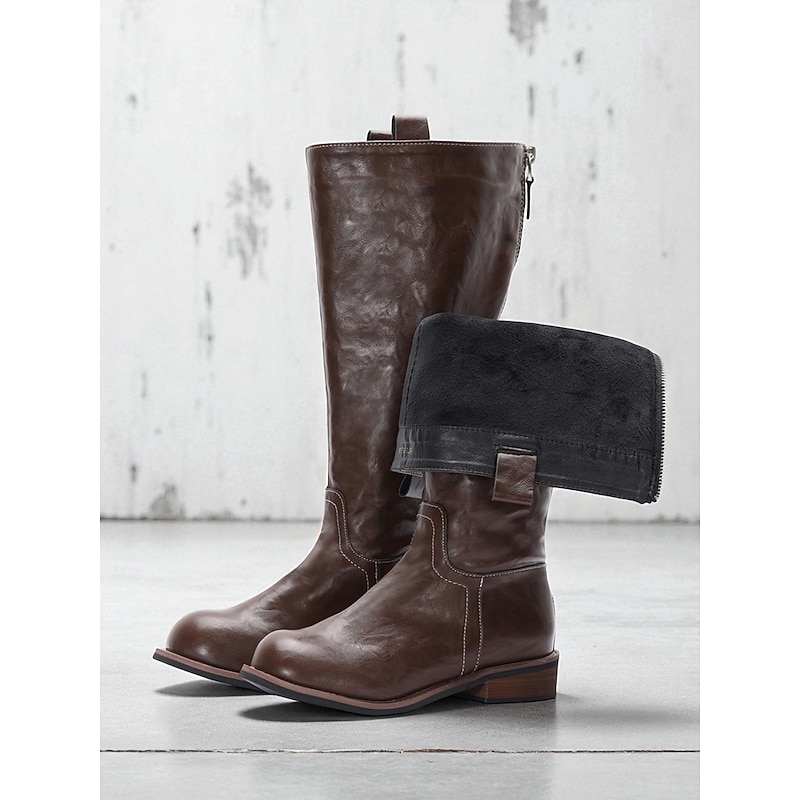 Women's Extra Wide Fit Brown Knee-High Boots with Fur Lining and Zipper Closure, Versatile and Durable Boots for Casual Outfits and Fall & Winter Seasons4