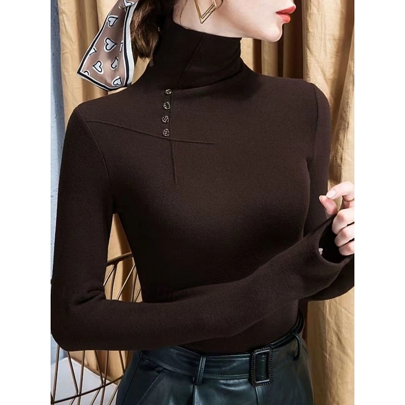 Women's Blouse Solid Color Stylish Casual Long Sleeve Turtleneck Regular Tops Daily Buttons Black White Brown Spring Fall Winter2
