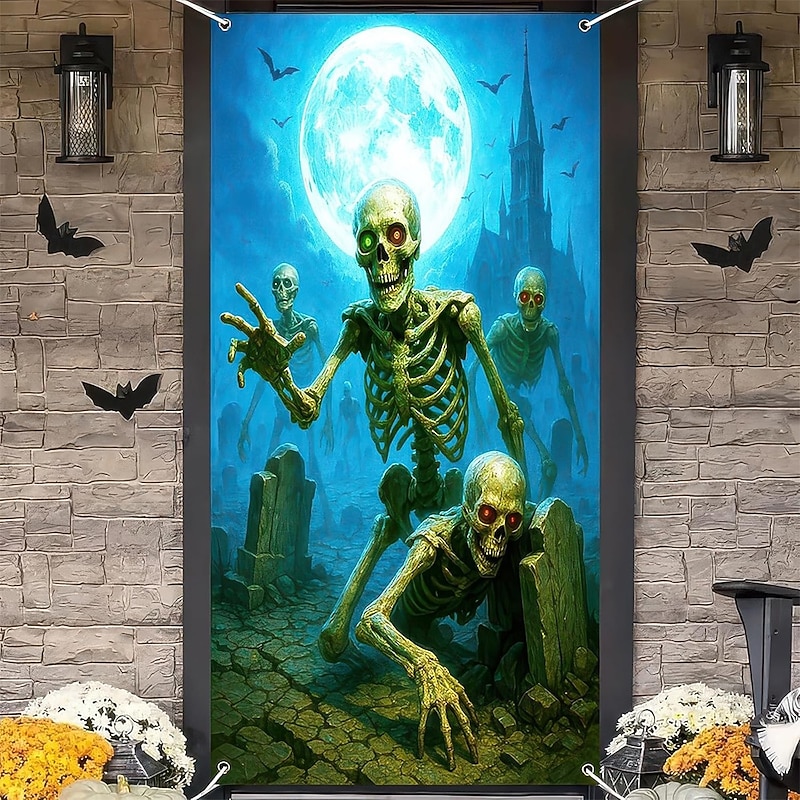 Halloween Tapestry Door Cover Outdoor Banners Skeleton 3D Dark Punk Gothic Style Party Dorm Teens Room College Dorm Guys Man Cave Frat Bedroom Shooting Backgrounds Home Decor4