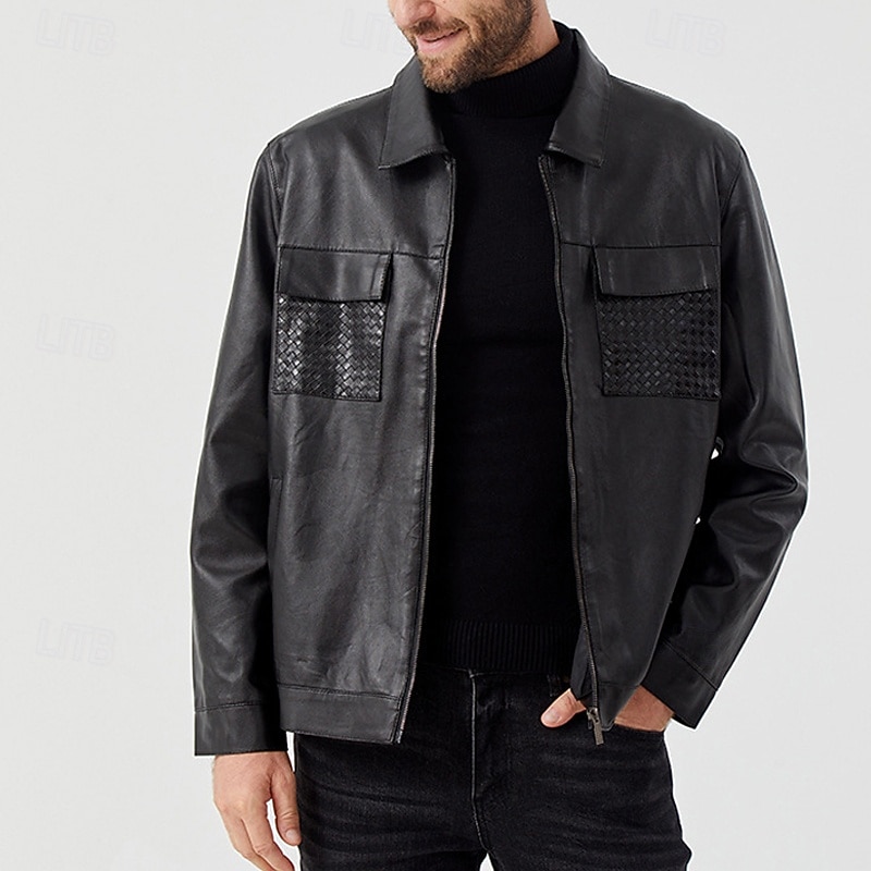 Men's Faux Leather Jacket Biker Jacket Motorcycle Jacket Vacation Daily Windproof Pocket Spring Fall Plain Fashion Classic Lapel Regular Black Jacket