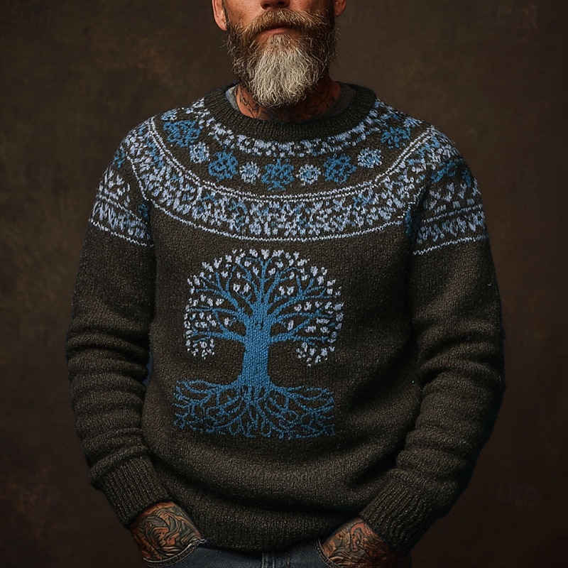 Men's Viking Tree Of Life Pullover Sweater Jumper Knitwear Crewneck Retro Vintage Casual Vacation Daily 3D Print Knitting Keep Warm Long Sleeve Spring Fall Winter Blue Brown Green2