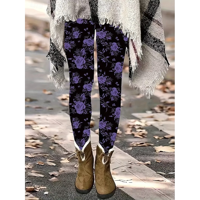 Women's Leggings Vacation Vintage Fashion Full Length High Waist Floral Graphic Printing Thermal Warm Soft Breathable Stretchy Formal Outdoor Vacation Violet Pink off-white Spring Fall Slim Fit3