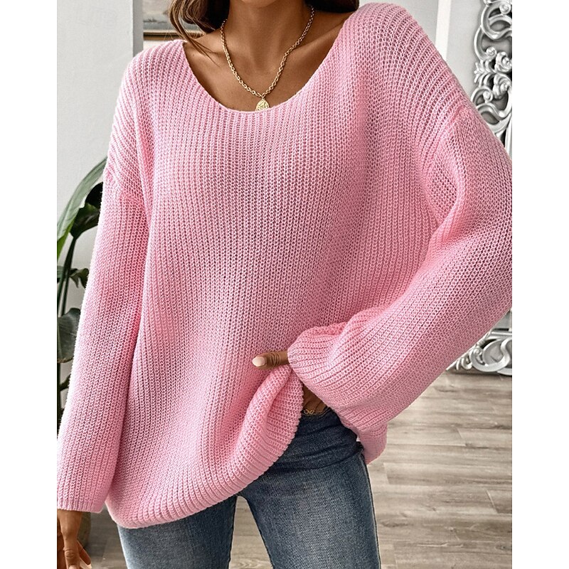 Women's Sweater Pullover Streetwear Casual Solid Color Crew Neck Knitted Flared sleeves Long Sleeve Regular Tops Knit Daily Holiday Going out Black White Fall Winter2