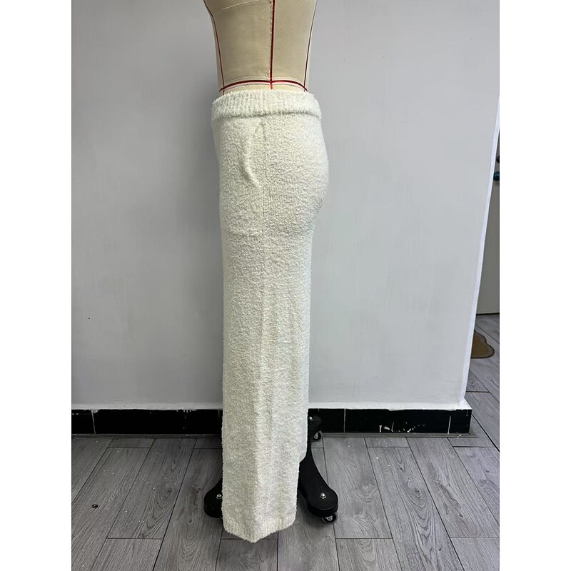 Women's Culottes Wide Leg Fleece Pants Chinos Vacation Streetwear Casual Full Length Medium Waist Plain Pocket Elastic Waist Thermal Warm Comfortable Micro-elastic Outdoor Vacation Daily Black White3