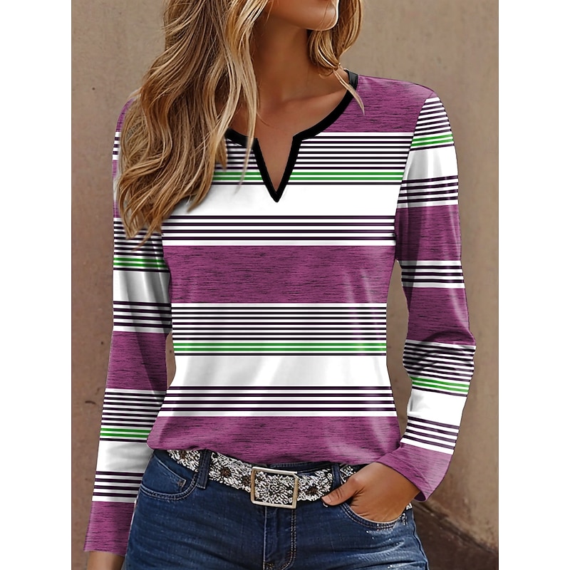 Women's T Shirt Graphic Striped Vintage Stylish Classic Long Sleeve Notched Neck Regular Tops Daily Weekend Print Blue Purple Brown Green Spring Fall Winter4
