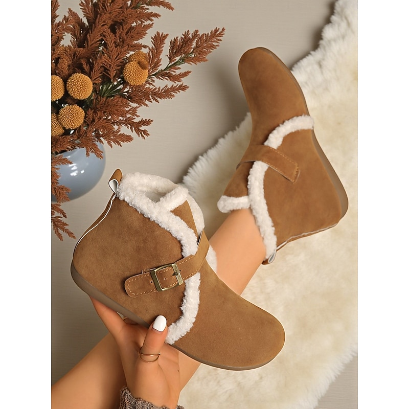 Women's Brown Faux Suede Ankle Boots with Shearling Lining and Buckle Strap – Warm Winter Casual Shoes for Winter Outdoor and Casual Wear