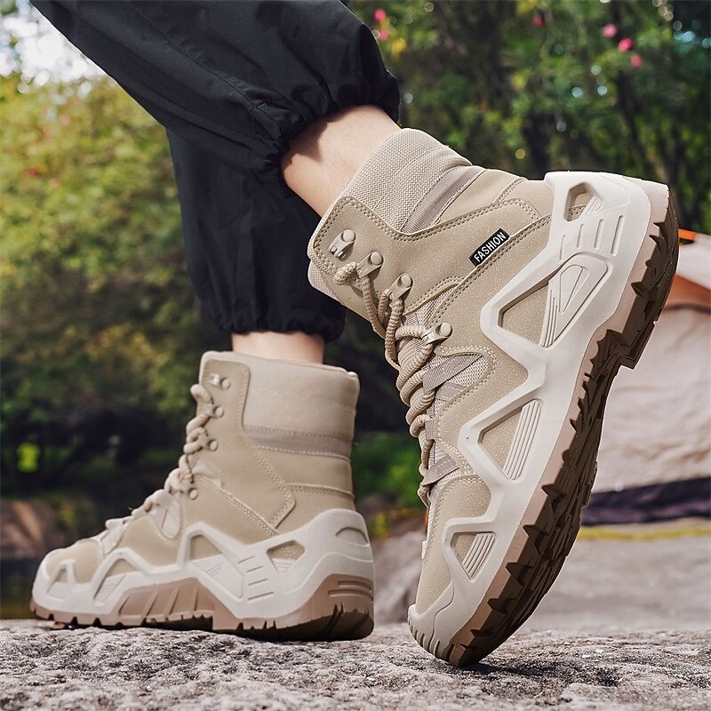Men's Beige High Top Hiking Boots with Breathable Mesh Design, Lightweight Outdoor Trekking Shoes for Camping, Travel, and Adventure Sports2