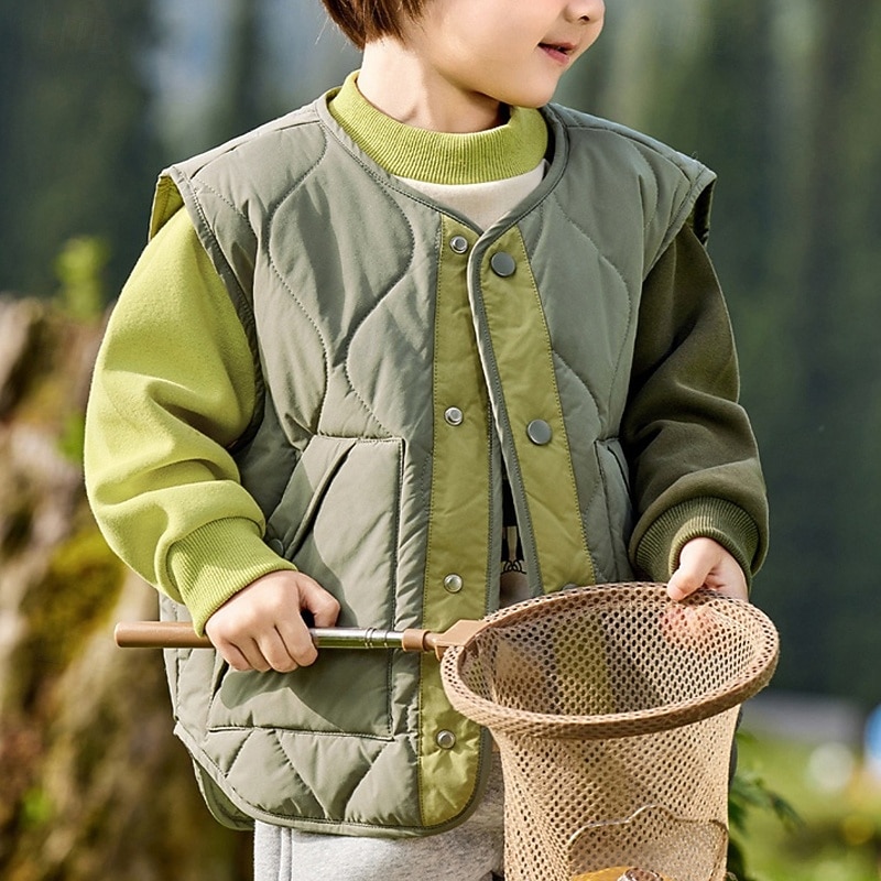 Kids Unisex Vest Coat Outerwear Color Block Sleeveless Buttons Keep Warm Soft Breathable Coat Outdoor Fashion Daily Green Fall Winter 4 years+2