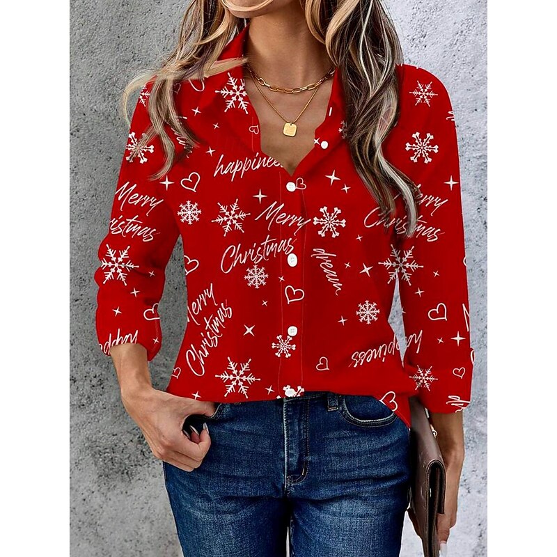 Christmas Women's Shirt Graphic Letter Snowflake Vintage Daily Stylish Long Sleeve Shirt Collar Regular Tops Work Daily Buttons Print Red Fall Winter2