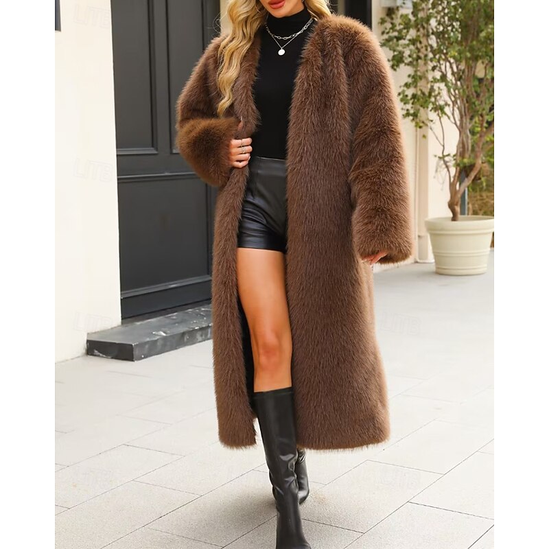 Women's Coat Faux Fur Coat Warm Comfortable Furs & Leathers Fashion Plain Vacation Street Daily Wear Going out Long V Neck Regular Fit Long Sleeve Outerwear Coffee Fall Winter2