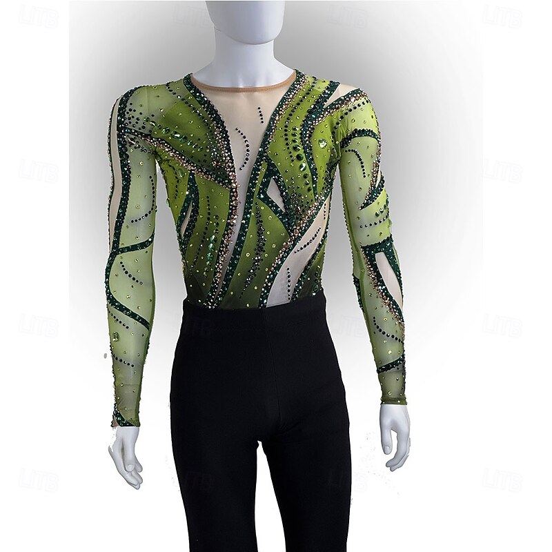 Figure Skating Top Men's Boys' Ice Skating Tops Green Patchwork Mesh Spandex High Elasticity Training Competition Skating Wear Classic Crystal / Rhinestone Long Sleeve Ice Skating Figure Skating
