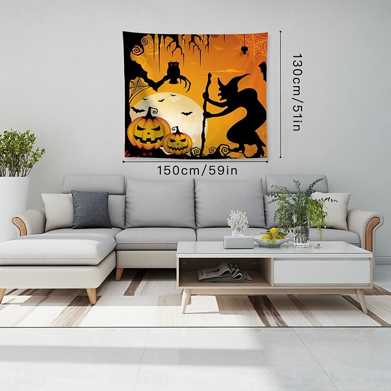 Halloween Witch Pumpkin Sunset Tapestry Peach Velvet Wall Banner Silhouette Bats Bare Trees Scary Night Halloween Party Decoration Photography Background3