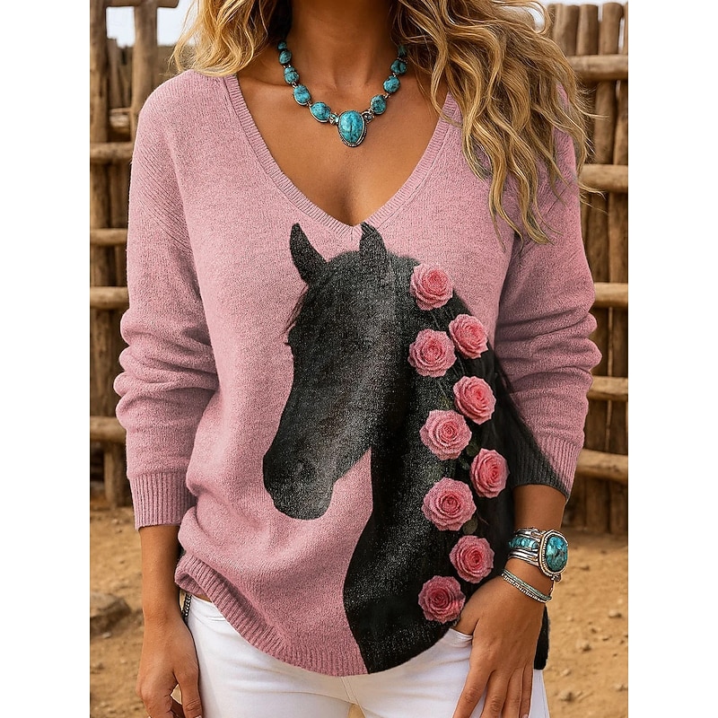 Women's Sweater Pullover Fashion Streetwear Casual Graphic Animal V Neck Oversized Knitted Long Sleeve Regular Tops Knit Outdoor Daily Pink Spring Fall