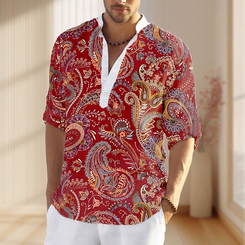 Men's Paisley Print T Shirt Henley Shirt Long Sleeve Designer Retro Vintage Casual Street Casual Daily Summer Spring Fall Red Blue Henley Henley T-Shirt