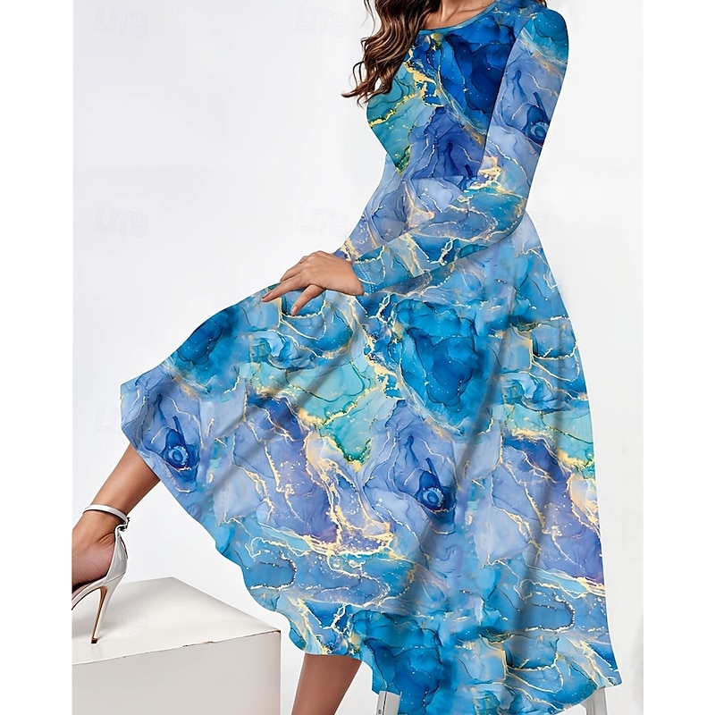 Women's Long Dress Maxi Dress Boho Dress Elegant Vintage Fashion Outdoor Party Daily Regular Fit Graphic Butterfly Long Sleeve Crew Neck Aqua Blue Yellow Pink Blue Spring Autumn2