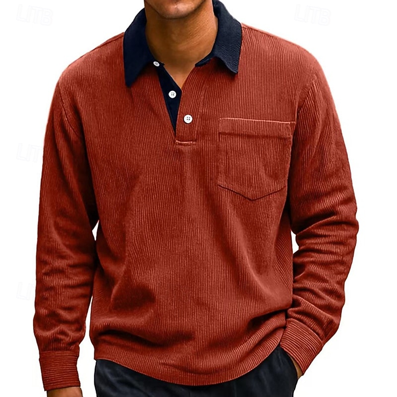 Men's Corduroy Shirt Golf Shirt Work Casual Lapel Long Sleeve Basic Modern Color Block Buttons Spring Fall Regular Fit Black White Red Navy Blue Blue Orange Corduroy Shirt4