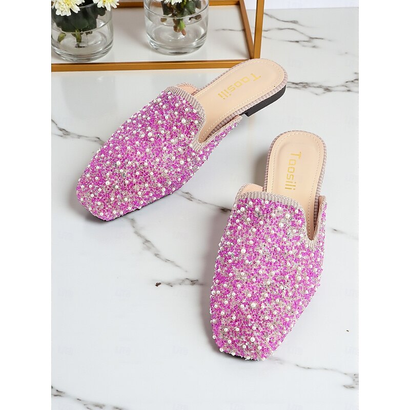 Women's Pink Rhinestone and Pearl Embellished Mules - Glamorous Nightlife Party and Clubwear Shoes