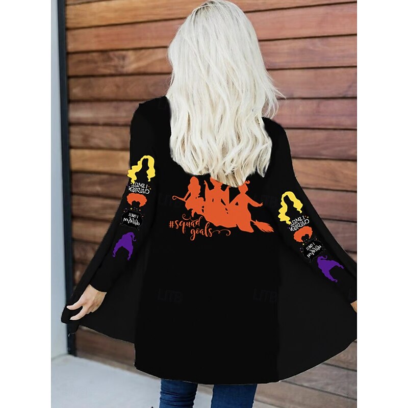 Halloween  Women's Winter Coat Trench Coat Lightweight Comfortable Witch Print Open Front Vintage Fashion Casual Vacation Casual Long Collarless Loose Fit Long Sleeve Outerwear Black White Red3