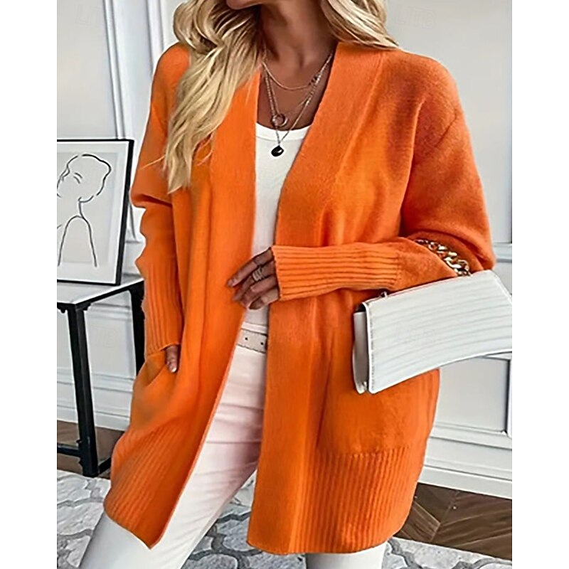 Women's Sweater Cardigan Streetwear Casual Solid Color V Neck Pocket Knitted Long Sleeve Long Tops Knit Daily Holiday Going out Orange Apricot Fall Winter