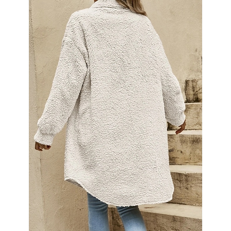 Women's Sherpa Jacket Comfortable Breathable Pocket Buttons Casual Plain Vacation Street Casual Daily Wear Single Breasted Long Turndown Loose Fit Long Sleeve Outerwear Black White Red Spring Fall3