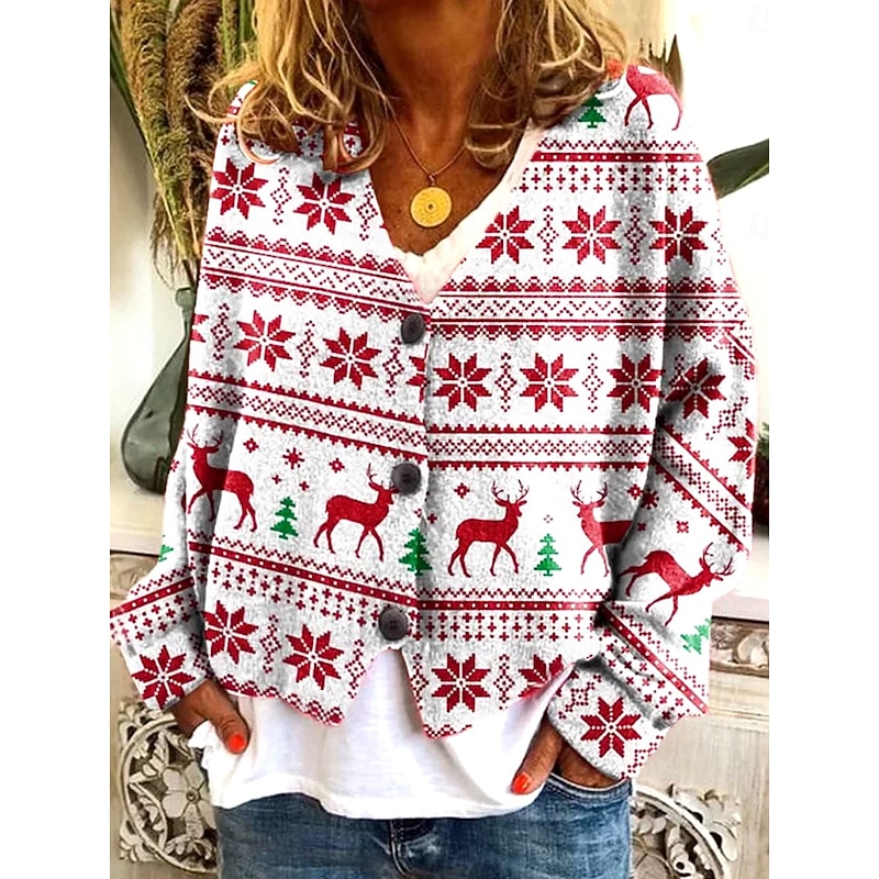 Women's Sweater Cardigan Elegant Vintage Fashion Floral Tree Santa Claus Crew Neck V Neck Pocket Knitted Print Long Sleeve Regular Tops Knit Outdoor Daily Weekend Wine Red Red Fall Winter2
