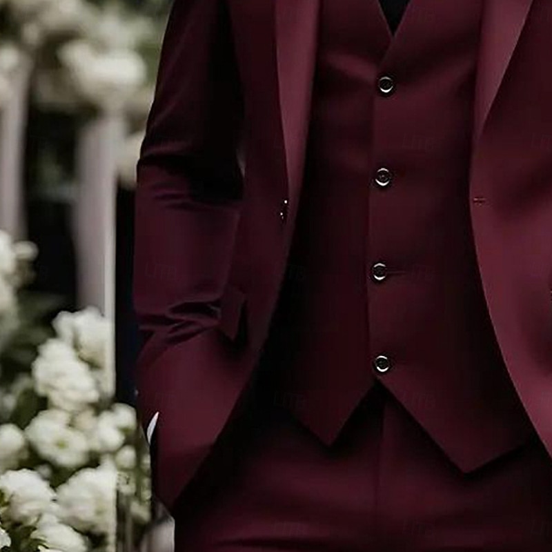 Men's Wedding Casual Party Suits Notch Lapel Burgundy Daily Formal Solid Colored Slim Fit 3 Piece Single Breasted One-button3
