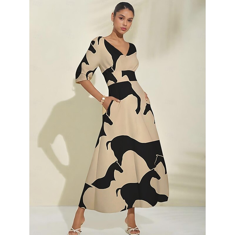 Women's Maxi Dress Satin Abstract Geometric Color Block V Neck Dolman Sleeve Waist Tie Elegant Spring Summer Fall2