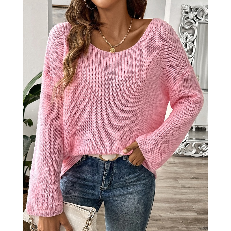 Women's Sweater Pullover Streetwear Casual Solid Color Crew Neck Knitted Long Sleeve Regular Tops Knit Daily Going out Weekend Black White Spring Fall4