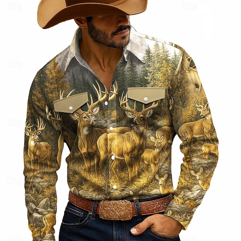 Men's Reindeer Forest Hunting Shirt Western Shirt Cowboy Shirt Long Sleeve Vintage Retro Camping & Hiking WorkWear Hunting Spring Fall Turndown 3D Print Front Two Pockets Button Up Shirts Yellow Green - Main Image