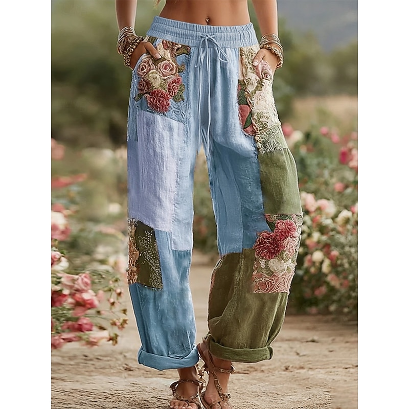 Women's Wide Leg Pants Trousers Fashion Streetwear Full Length Mid Waist Floral Pocket Elastic Waist Print Comfy Breathability Micro-elastic Outdoor Dailywear Daily White Pink Blue Purple Spring Fall2