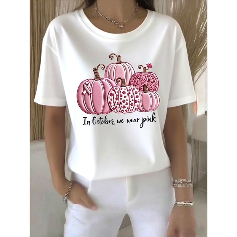 Halloween Women's T Shirt Graphic Pumpkin Vintage Stylish Classic Short Sleeve Crew Neck Round Neck Regular Tops Daily Going out Weekend Print White Pink Rose Pink Summer Spring Fall