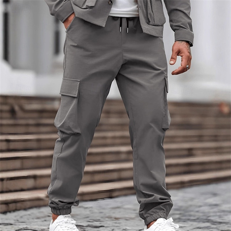 Men's Cargo Pants Trousers Drawstring Elastic Waist Multi Pocket Plain Wearable Outdoor Daily Camping & Hiking Fashion Classic Black Army Green3