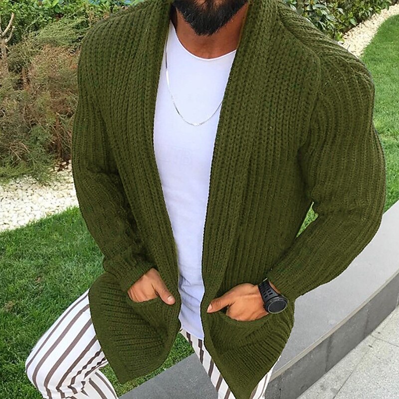 Men's Sweater Cardigan Sweater Ribbed Knit Regular Tops Knitted Solid Color Shawl Collar Vacation Fashion Casual Daily Wear Clothing Apparel Spring &  Fall Black Military Green M L XL