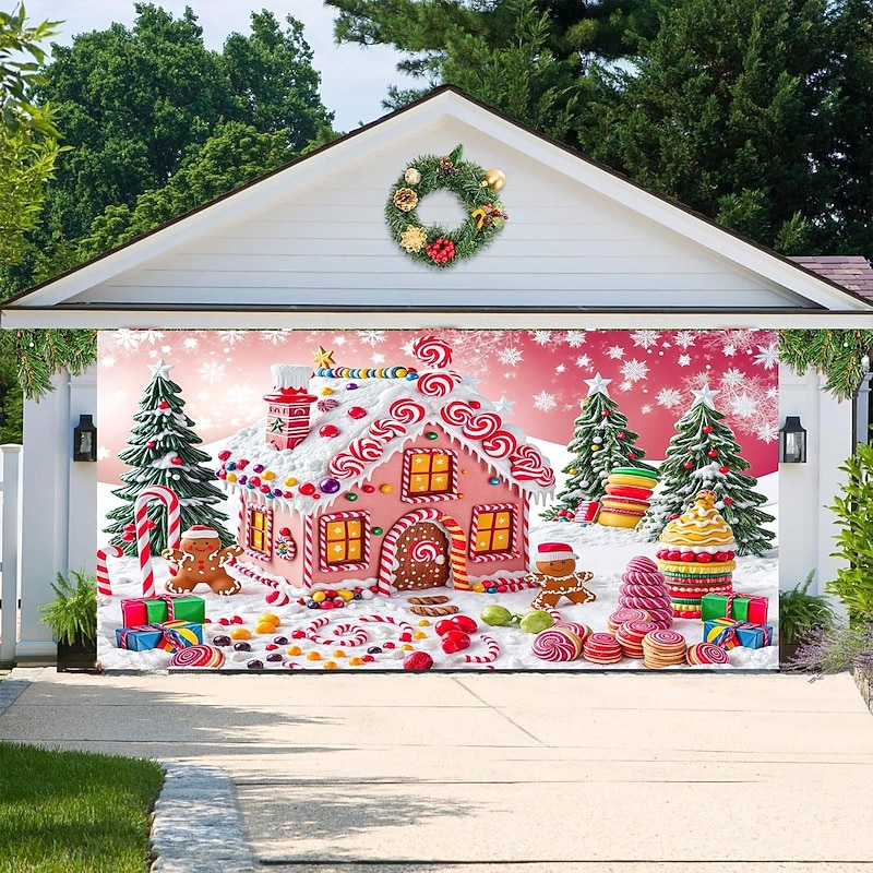 Christmas Outdoor Garage Door Cover Pink Candy House Gingerbread Man Christmas Tree Large Tapestry Backdrop Holiday Party Wall Decoration For Outdoor Garage Door Home Festival Celebration Decor3
