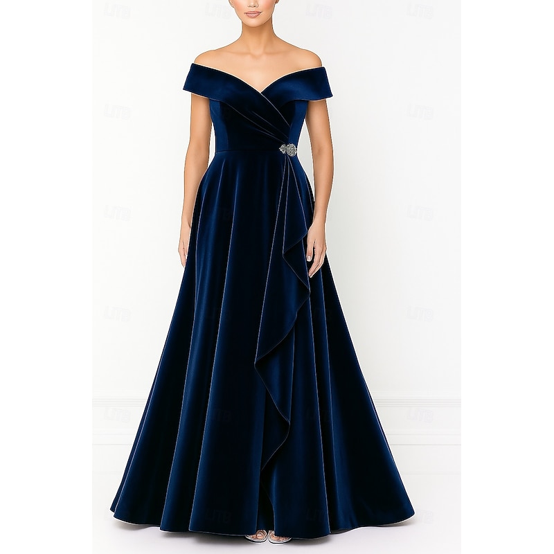 A-Line Evening Gown Elegant Formal Dress Formal Wedding Floor Length Short Sleeve Off Shoulder Pocket Velvet with Pleats 20254