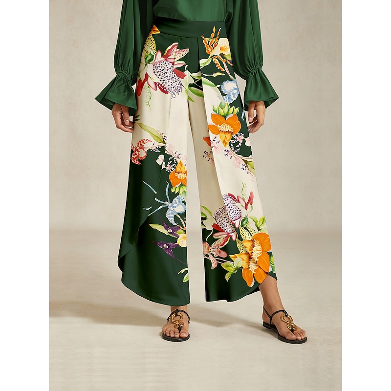 Women's Wide Leg Pants Satin Dark Green Floral Placement Print Front Overlap Slit Spring Autumn3