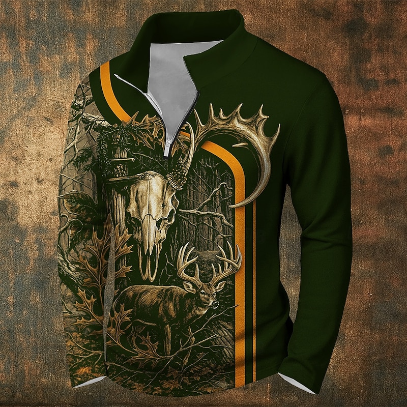 Men's Deer Sweatshirt Hunting Zip Outdoor Sports Outdoor Black Green Fall All Seasons Designer4
