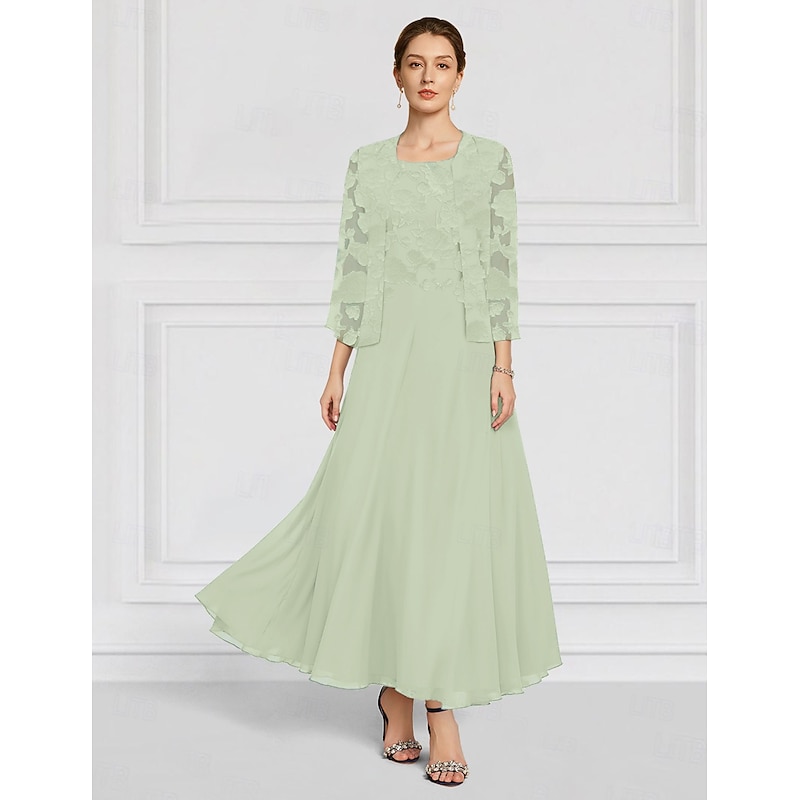 SkyBurnt Out Floral Lace Two Piece A-Line Mother of the Bride Dress Elegant Simple Minimalist Boat Neck Floor Length Chiffon 3/4 Length Sleeve with Jacket4