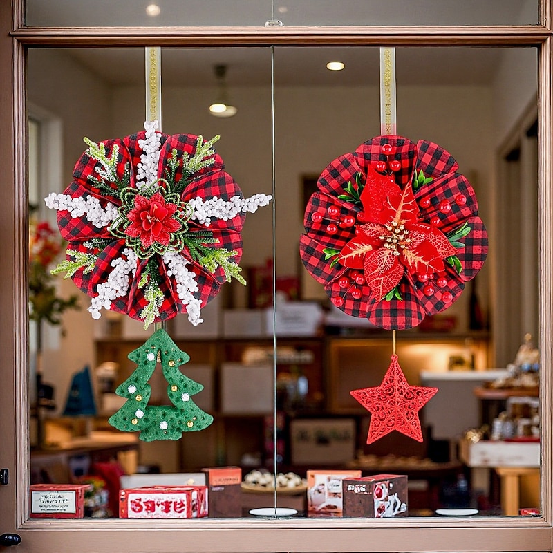 Christmas Wreath Hanging Decoration With Five Pointed Star Pendant For Door Window Ornament Holiday Party Supplies Christmas Tree Hanging Garland Home Indoor Outdoor Decor2