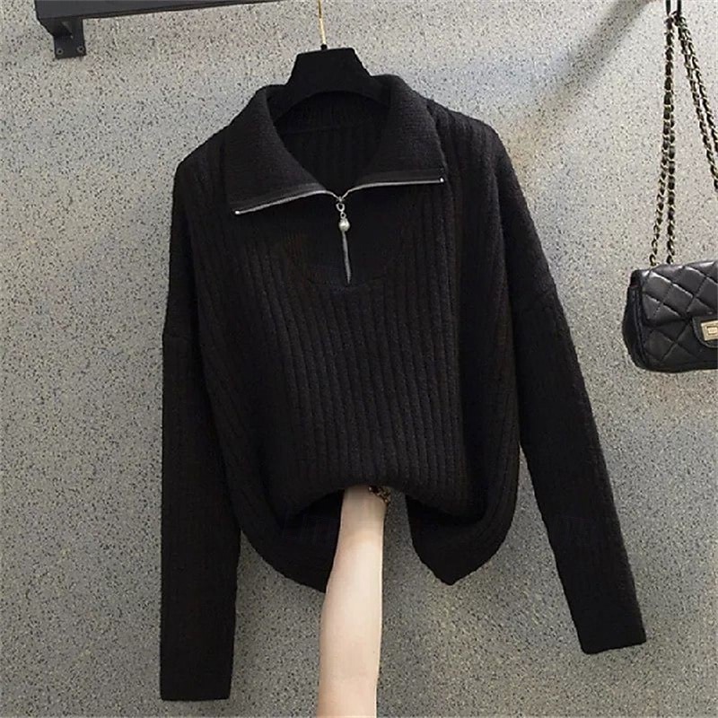 Women's Sweater Pullover Fashion Basic Casual Pure Color Ribbed Half Zip Zipper Knitted Long Sleeve Regular Tops Knit Outdoor Daily Weekend Black Fall Winter