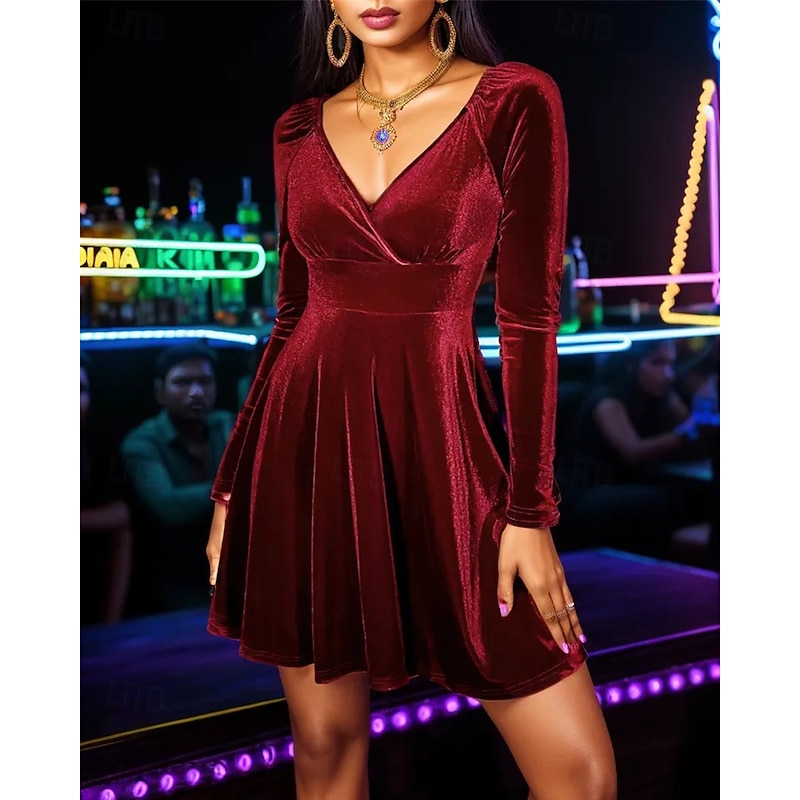 Women's Midi Dress Velvet Dress Cocktail Dress Elegant Fashion Modern Outdoor Party Party Evening Wear Regular Fit Plain Long Sleeve Crew Neck Black Wine Dark Green Dark Blue Spring Autumn3