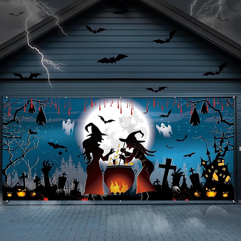 Halloween Garage Door Cover Witch with Poison Bats Tomb and Castle Night Scene Banner Haunted House Horror Spooky Backdrop Tapestry for Outdoor Wall Fence Yard Decoration