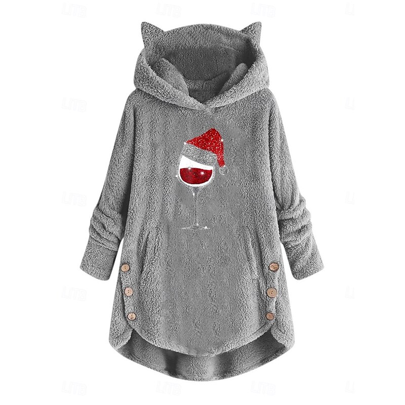 Women's Pullover Hoodie Sweatshirt Graphic Wine Glass Casual Long Sleeve Hooded Long Tops Street Dailywear Casual Pocket Print Pink Wine Gray Fall Winter3
