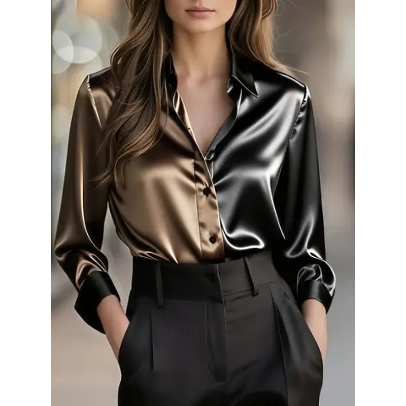 Women's Elegant Dressy Satin Blouse Plain Elegant Daily Long Sleeve V Neck Regular Tops Daily Buttons Red Green Khaki Gray Fall2