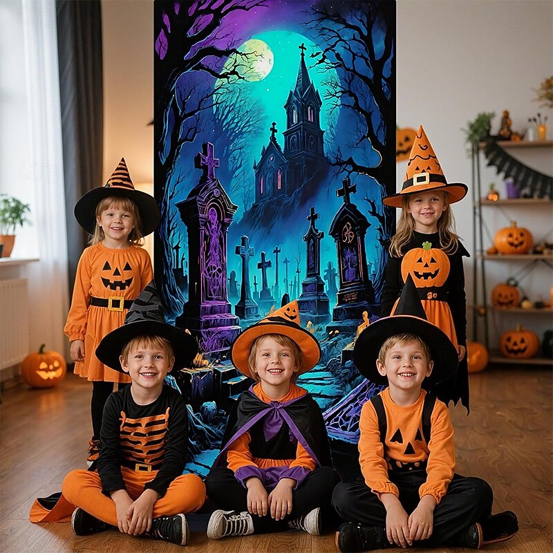 Halloween Posters Door Cover Outdoor Banners Cemetery 3D Dark Punk Gothic Style Party Dorm Teens Room College Dorm Guys Man Cave Frat Bedroom Shooting Backgrounds Home Decor3